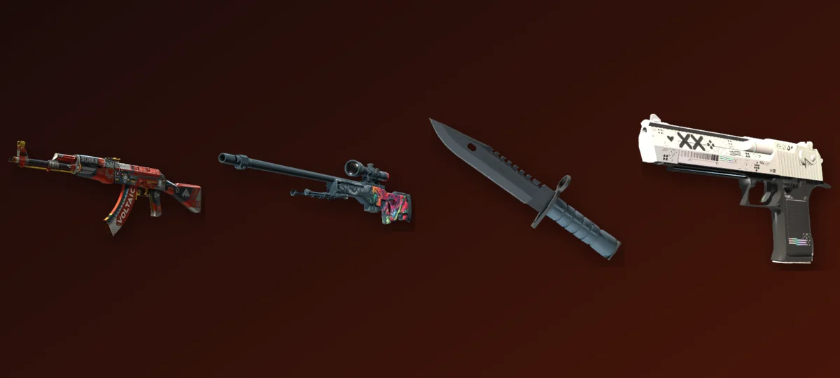 CS2 skins stash showcase banner with rifles knives and gloves